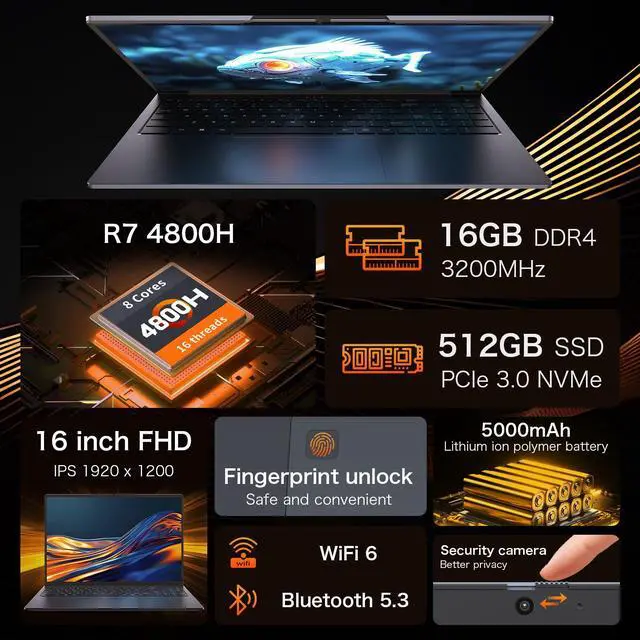 Alt view image 2 of 7 - Auusda 16" Business Laptop AMD Ryzen 7 4800H 2.9-4.2GHz, 16GB DDR4 RAM, 512GB NVME SSD, Windows 11 Pro Computer, SODIMM*2, Slot*2, Backlit, Fingerprint, Gray