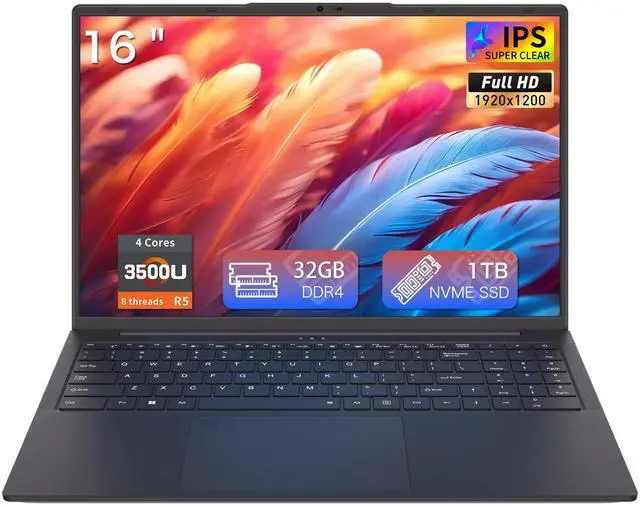 Auusda 16" Business Laptop, AMD Ryzen 5 3500U, 32GB RAM 1TB SSD, Backlit Keyboard, Fingerprint Unlock, Windows 11 Pro Computer, Black