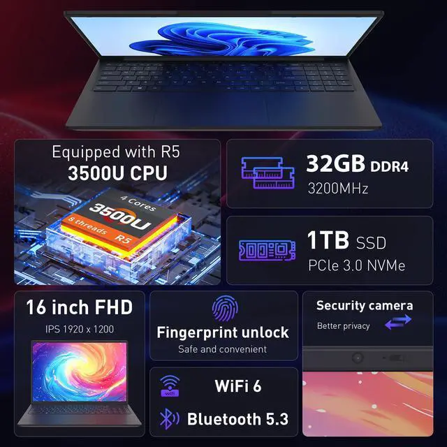 Alt view image 3 of 7 - Auusda 16" Business Laptop, AMD Ryzen 5 3500U, 32GB RAM 1TB SSD, Backlit Keyboard, Fingerprint Unlock, Windows 11 Pro Computer, Black