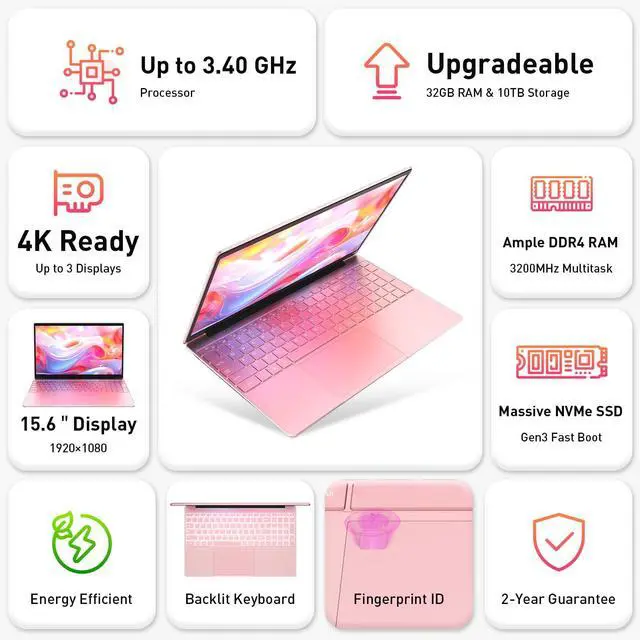 Alt view image 2 of 7 - Auusda Business Laptop Computer for Work, Notebook PC for College Students, 15.6" FHD Display, Up to 3.4GHz CPU, Backlit Keyboard, Fingerprint ID, Up to 10TB Storage, 16GB DDR4 RAM, 1TB NVMe, Pink