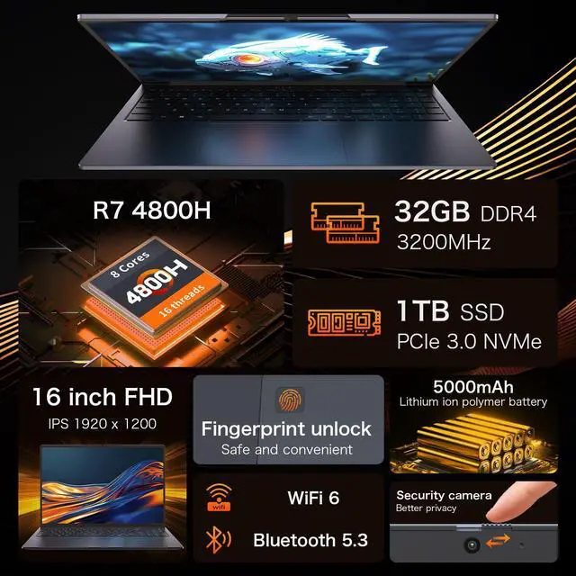 Alt view image 2 of 7 - Auusda 16" Business Laptop AMD Ryzen 7 4800H 2.9-4.2GHz, 32GB DDR4 RAM, 1TB NVME SSD, Windows 11 Pro Computer, SODIMM*2, Slot*2, Backlit, Fingerprint, Gray