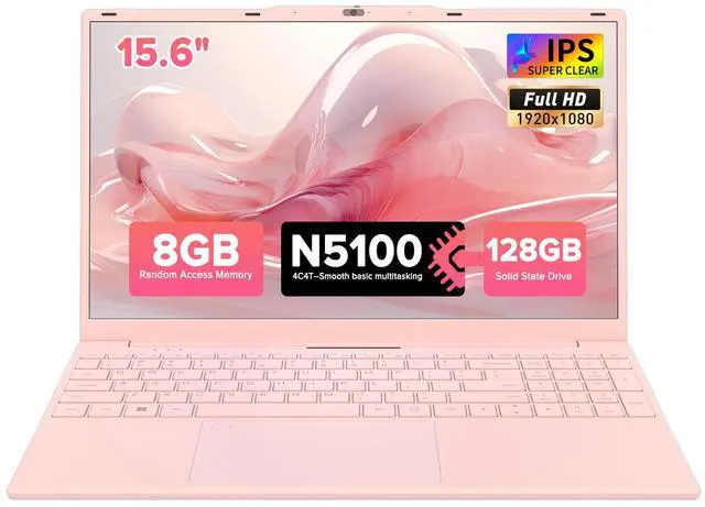 Main image of Auusda 15.6" Pink Laptop PC, 8GB RAM 128GB SSD, Backlit Keyboard, Fingerprint Sensor, USB 3.0*2, Up to 8TB Storage, Win 11 Pro Compatible, 6000mAh, N5100 Quad-Core, Ideal for Light Office & Business