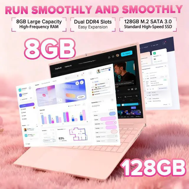 Alt view image 4 of 7 - Auusda 15.6" Pink Laptop PC, 8GB RAM 128GB SSD, Backlit Keyboard, Fingerprint Sensor, USB 3.0*2, Up to 8TB Storage, Win 11 Pro Compatible, 6000mAh, N5100 Quad-Core, Ideal for Light Office & Business