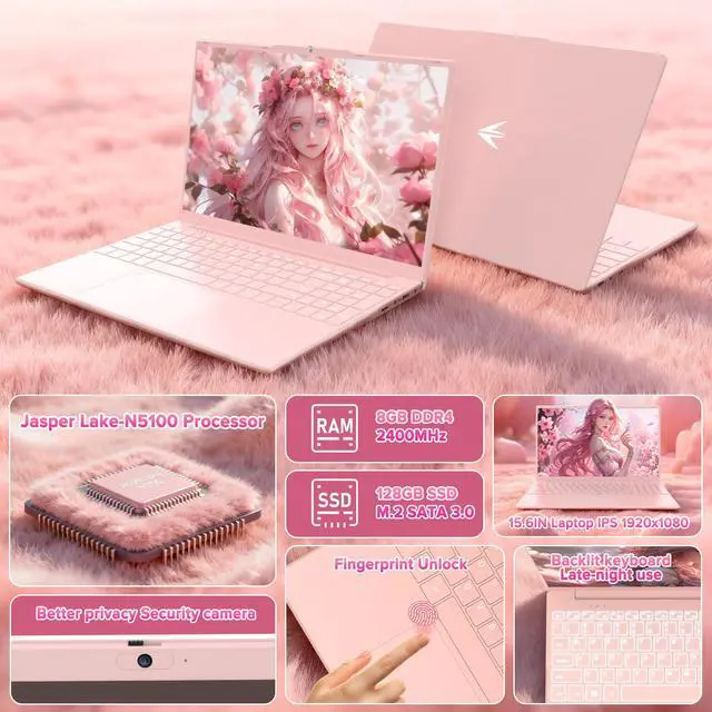 Alt view image 2 of 7 - Auusda 15.6" Pink Laptop PC, 8GB RAM 128GB SSD, Backlit Keyboard, Fingerprint Sensor, USB 3.0*2, Up to 8TB Storage, Win 11 Pro Compatible, 6000mAh, N5100 Quad-Core, Ideal for Light Office & Business