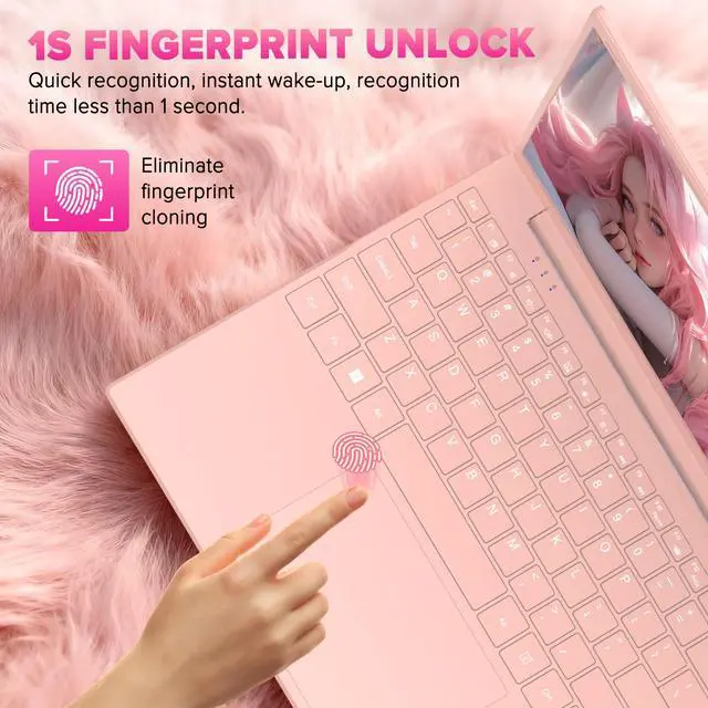 Alt view image 6 of 7 - Auusda 15.6" Pink Laptop PC, 8GB RAM 128GB SSD, Backlit Keyboard, Fingerprint Sensor, USB 3.0*2, Up to 8TB Storage, Win 11 Pro Compatible, 6000mAh, N5100 Quad-Core, Ideal for Light Office & Business