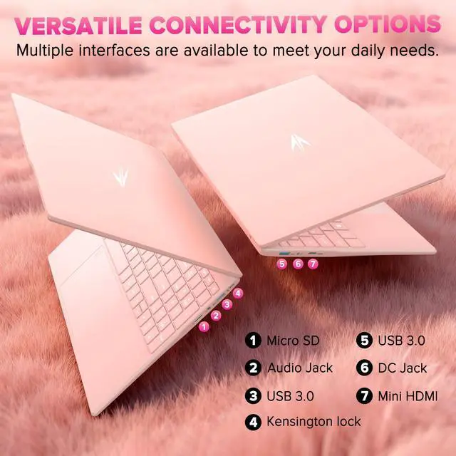 Alt view image 7 of 7 - Auusda 15.6" Pink Laptop PC, 8GB RAM 128GB SSD, Backlit Keyboard, Fingerprint Sensor, USB 3.0*2, Up to 8TB Storage, Win 11 Pro Compatible, 6000mAh, N5100 Quad-Core, Ideal for Light Office & Business