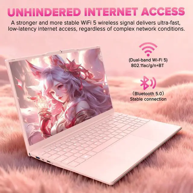 Alt view image 5 of 7 - Auusda 15.6" Pink Laptop PC, 8GB RAM 128GB SSD, Backlit Keyboard, Fingerprint Sensor, USB 3.0*2, Up to 8TB Storage, Win 11 Pro Compatible, 6000mAh, N5100 Quad-Core, Ideal for Light Office & Business