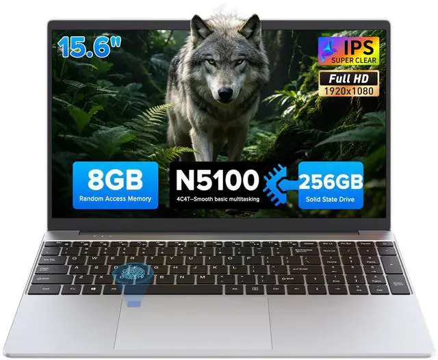 Main image of Auusda 15.6" Silver Laptop PC, 8GB RAM 256GB SSD, Backlit Keyboard, Fingerprint Sensor, USB 3.0*2, Up to 8TB Storage, Win 11 Pro Compatible, 6000mAh, N5100 Quad-Core, Ideal for Light Office & Business