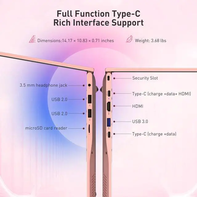 Alt view image 6 of 7 - Auusda 2026 15.6" FHD Laptop, Win11 Compatible, Rose Gold,Fast WIFI 6, Backlit Keyboard, Fingerprint Sensor, Dual Full-featured Type C, Up to 8TB Storage, 6000mAh