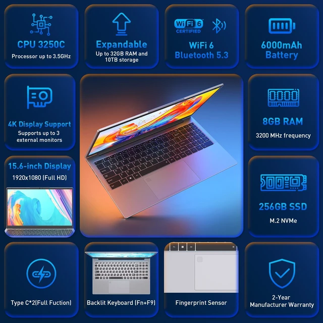 Alt view image 2 of 7 - Auusda 2026 15.6" Silver Laptop, R3 3250C up to 3.5GHz, Win11 Compatible, WiFi 6, Backlit Keyboard + Fingerprint, Dual Full-Featured Type-C, 6000mAh, Portable Laptop for Work, 8GB RAM 256GB SSD