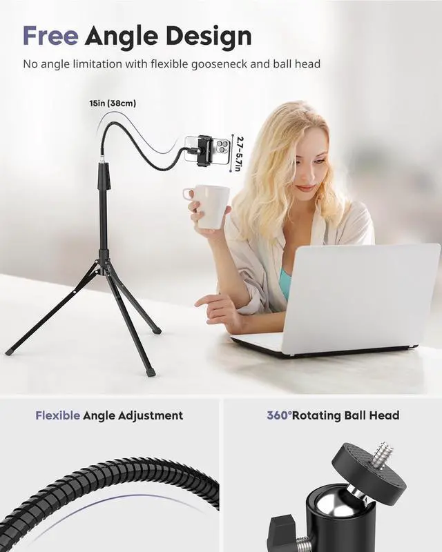 Alt view image 2 of 7 - Aureday Phone Tripod, 92" Cell Phone Stand with 15" Gooseneck, Remote and Phone Holder, Overhead & Selfie Stick for Recording/Watching/Vlog, Compatible with iPhone Android