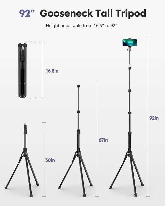 Alt view image 5 of 7 - Aureday Phone Tripod, 92" Cell Phone Stand with 15" Gooseneck, Remote and Phone Holder, Overhead & Selfie Stick for Recording/Watching/Vlog, Compatible with iPhone Android