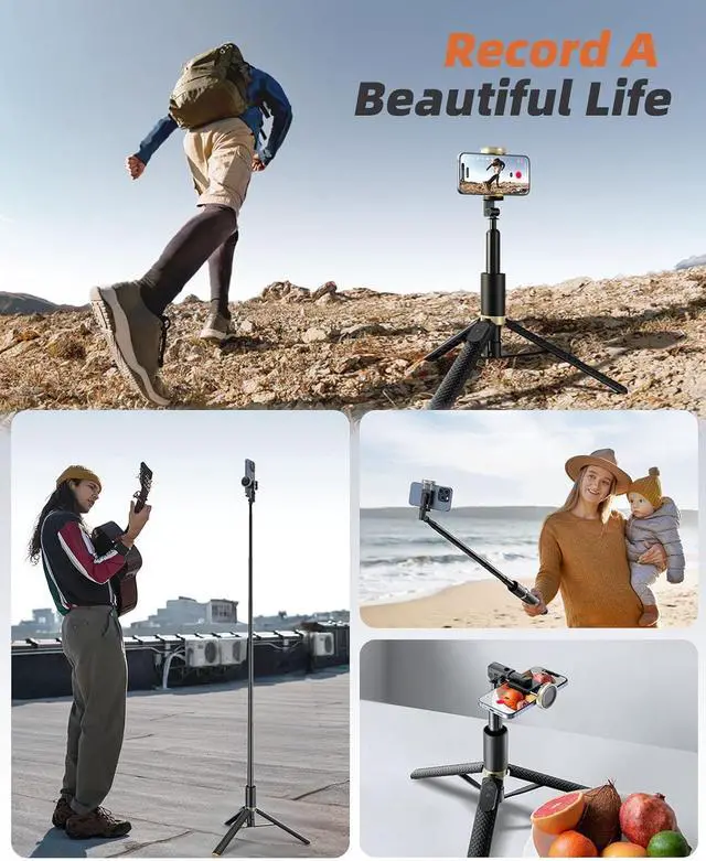 Alt view image 7 of 7 - 62" Phone Tripod & Selfie Stick, Tripod for iPhone with Remote, Portable, Lightweight Travel Stand for Selfies Video Recording Vlog, Extendable Stand Compatible with iPhone Android