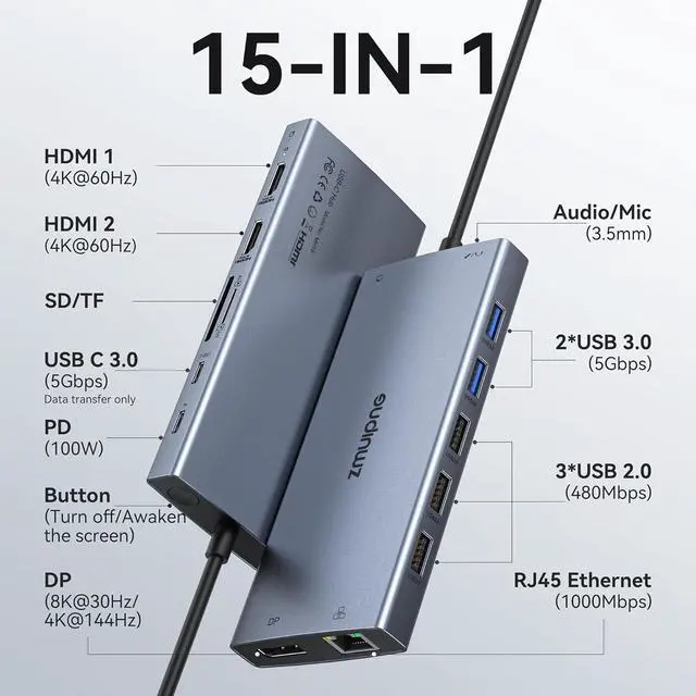 Alt view image 2 of 7 - USB C Laptop Docking Station with 2 HDMI 4K@60Hz+DP 8K@30Hz for Dell HP Thinkpad Surface, 15 in 1 USB C Hub Triple Display Multiple Adapter, Dongle with USB A Port+Button+PD+Ethernet+SD/TF+Audio
