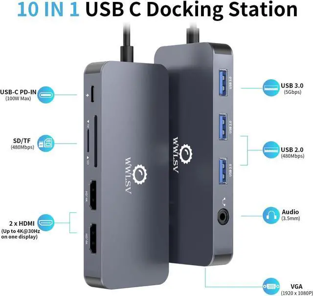 Alt view image 2 of 7 - USB C Hub, 10-in-1 Docking Station Dual Monitor with 4K HDMI, VGA, Fast Charging Port, USB 3.0 & 2 USB 2.0 Ports, SD/TF Card Reader, 3.5mm AUX, USB C Dongle for MacBook, Dell, Lenovo, HP Laptops