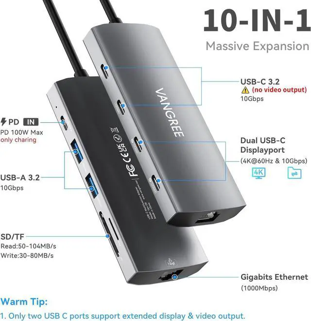 Alt view image 2 of 7 - USB C Hub with Dual 4K@60Hz Displayports, 2 USB-A & 2 USBC 3.2 10Gbps Ports, 1Gbps Ethernet, 100W PD, SD/TF, USB C Splitter Docking Station for MacBook Pro/Air, iMac, iPad Pro, XPS, Thinkpad,Surface