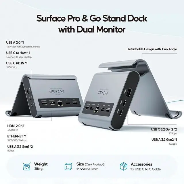 Alt view image 3 of 7 - USB C Docking Station Dual Monitor for Microsoft Surface Pro/Go 11/10/X/9/8/7, PULWTOP Dual Displays with 2 xHDMI 4K, 3 x USB-C/A 10Gbps, 2 x USB-A 5Gbps, USB-2.0, Ethernet, PD for Win11/10 Tablets