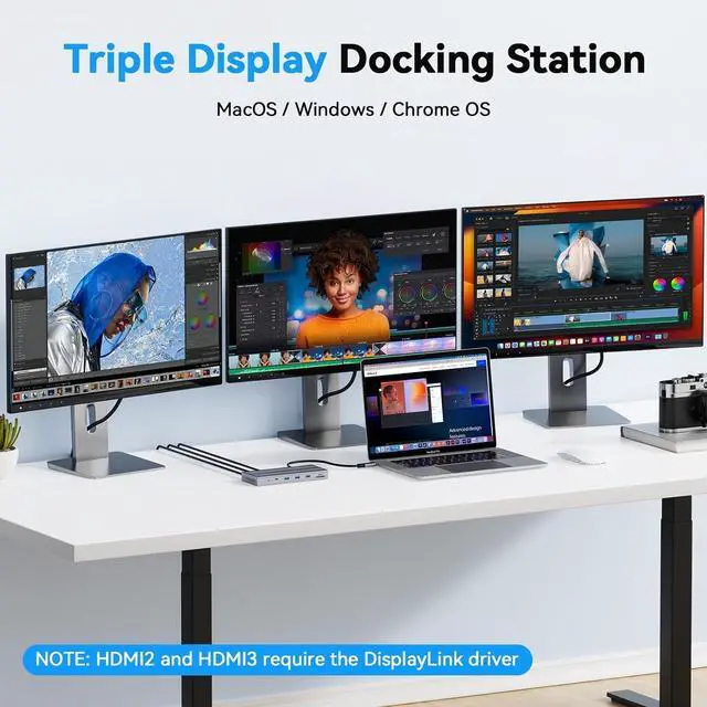 Alt view image 3 of 7 - USB C Docking Station 3 Monitors with 120W Power Adapter, Displaylink Docking Station 3 HDMI for MacBook/Mac mini M4, Windows, and Chrome with USB C(3 HDMI, 5 USB, Ethernet, SD/microSD)