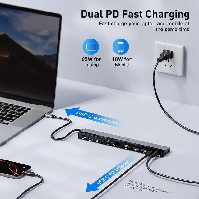 Alt view image 3 of 7 - 2025 Updated Universal Docking Station 100W PD Charger - Supports 3 Displays, Dual Monitor Laptop Hub for Mac&PC, USB-C VMM Support Multi Port - USB C USB A HDMI 1Gbps Ethernet Micro SD/TF& Audio Port