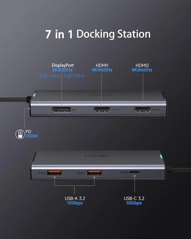 Alt view image 2 of 7 - USB C Docking Station, 7 in 1 Docking Station 3 Monitors with Dual HDMI 4K@60Hz & Single DisplayPort (8K@30Hz/ 4K@144Hz), 100W PD, 10Gbps 3USB, USB C Hub Compatible with HP//Lenovo and More