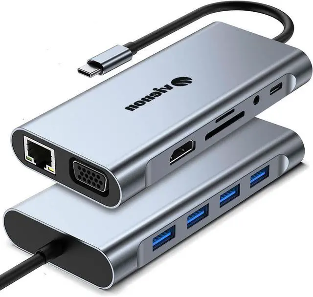 Main image of 11-in-1 USB C Hub, Laptop Docking Station with RJ45 Gigabit Ethernet, 4K HDMI, 1080P VGA, SD/Micro SD Card Reader, 3.5 mm Audio Aux Jack, PD 100W Charging, Full Functional USB C Dongle