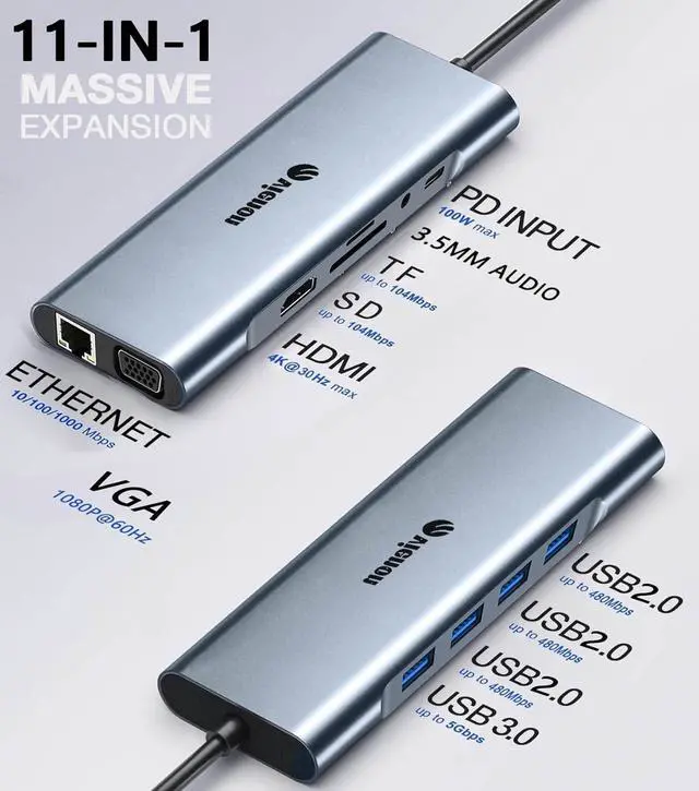 Alt view image 2 of 7 - 11-in-1 USB C Hub, Laptop Docking Station with RJ45 Gigabit Ethernet, 4K HDMI, 1080P VGA, SD/Micro SD Card Reader, 3.5 mm Audio Aux Jack, PD 100W Charging, Full Functional USB C Dongle