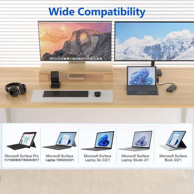 Alt view image 4 of 7 - Surface Pro Docking Station, 11 in 1 Microsoft Surface Dock Triple Displays 4K@60HZ HDMI+VGA, Surface Dock for Microsoft Surface Pro 11/10/9/8/X/7/6/5/4,Surface Laptop go/7/6/5/4 /3/2, Surface Book