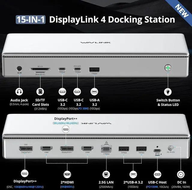 Alt view image 2 of 7 - WAVLINK USB C DisplayLink (DL7400) Premium Docking Station, 2xHDMI and 2xDisplayPort, Dual 8K@60Hz,Quad 4K@60Hz for Windows 10/11 and Mac M1/M2/M3,100W PD Charging to Host, 2.5G Ethernet,USB C, SD4.0