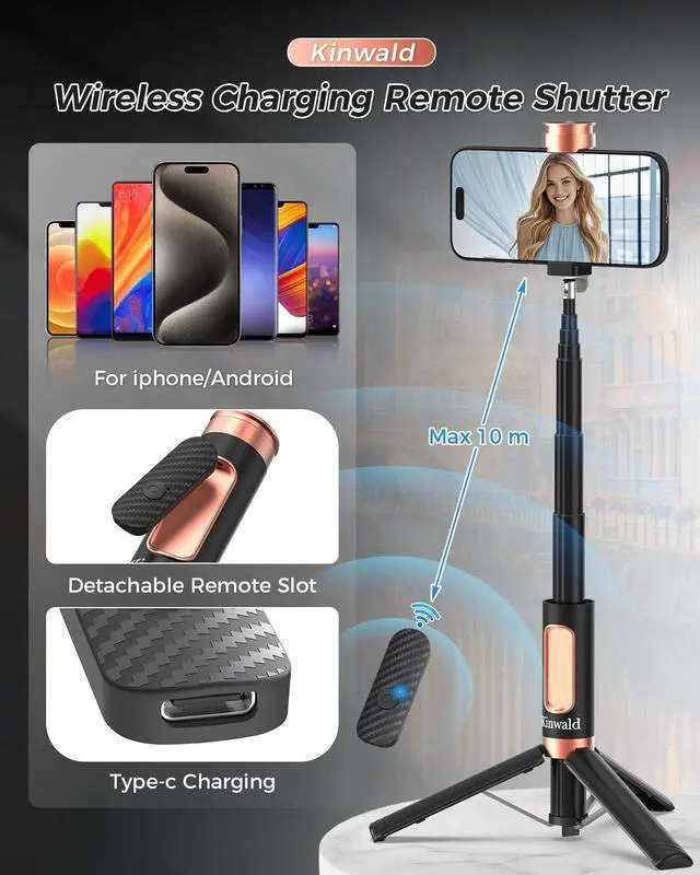 Alt view image 3 of 7 - Selfie Stick Tripod for iPhone & Android, Portable Phone Tripod Stand with Bluetooth Remote, One-Click Open, Compact & Lightweight, All-in-1 for Vlog/Travel/Photography (Black)