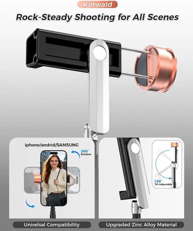 Alt view image 6 of 7 - Selfie Stick Tripod for iPhone & Android, Portable Phone Tripod Stand with Bluetooth Remote, One-Click Open, Compact & Lightweight, All-in-1 for Vlog/Travel/Photography (Black)