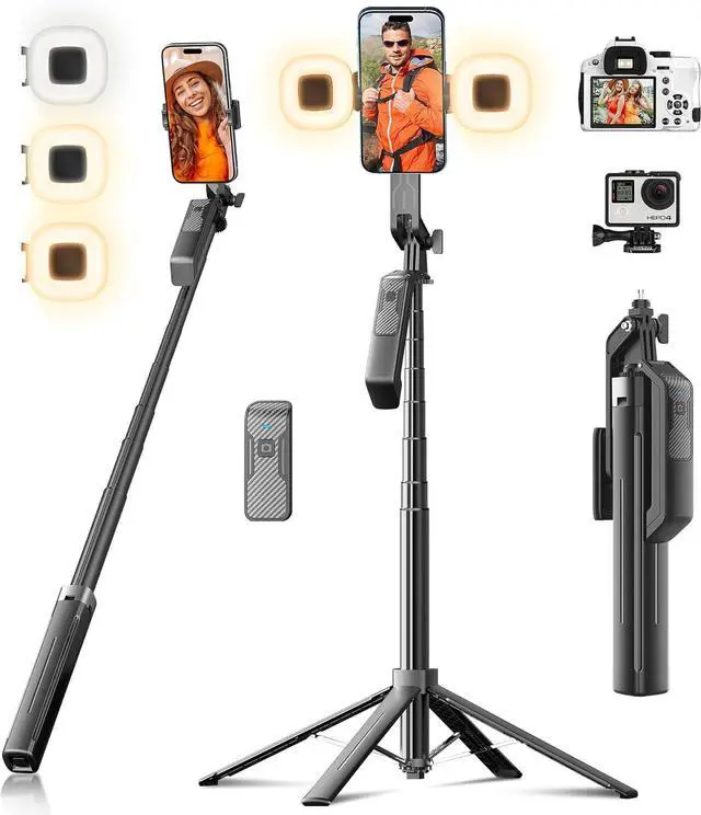 Main image of Selfie Stick Phone Tripod - 71 inch Tall Cell Phone Holder with Detachable Wireless Remote and 2 LED Lights for Recording, Video and Picture, Phone Stand for iPhone, Android, Camera & Gopro