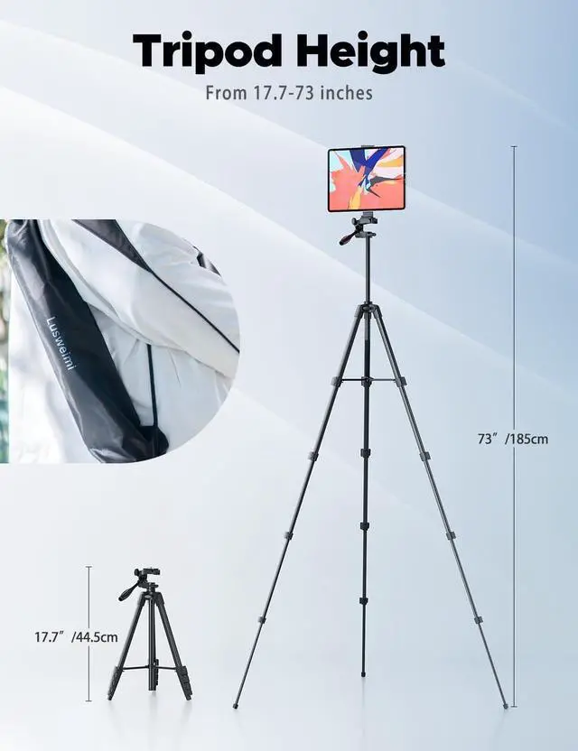 Alt view image 2 of 7 - Lusweimi 72-Inch Tripod for ipad iPhone, Camera Tripod for Phone with 2 in 1 Phone Holder for Cell Phone/Tablet/Webcam/Gopro with Carry Bag and Wireless Remote for Photography/Video