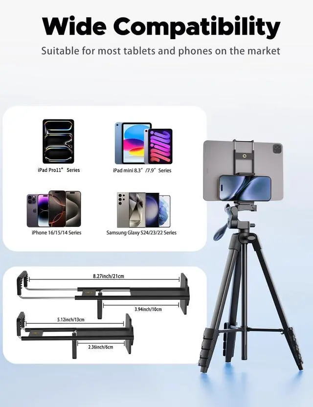 Alt view image 4 of 7 - Lusweimi 72-Inch Tripod for ipad iPhone, Camera Tripod for Phone with 2 in 1 Phone Holder for Cell Phone/Tablet/Webcam/Gopro with Carry Bag and Wireless Remote for Photography/Video