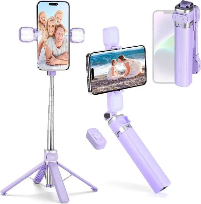 Main image of MQOUNY Mini iPhone Tripod Stand & Selfie Stick with Wireless Remote & Removable Light, Extendable Stand 360 Rotation Compatible with iPhone & Android Samsung (Purple)