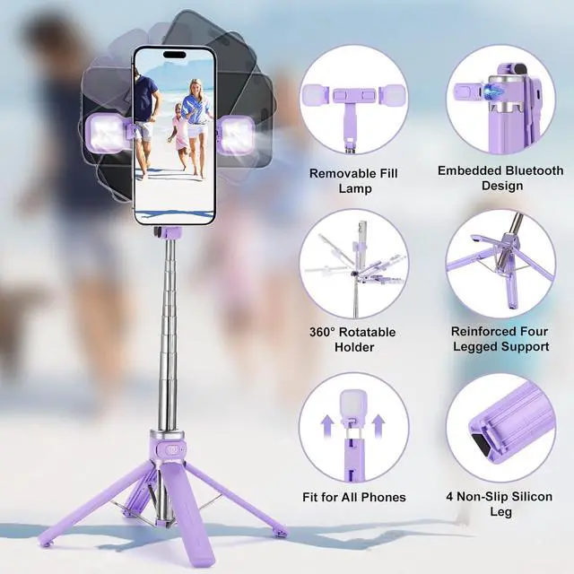 Alt view image 2 of 7 - MQOUNY Mini iPhone Tripod Stand & Selfie Stick with Wireless Remote & Removable Light, Extendable Stand 360 Rotation Compatible with iPhone & Android Samsung (Purple)