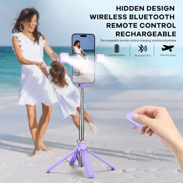Alt view image 4 of 7 - MQOUNY Mini iPhone Tripod Stand & Selfie Stick with Wireless Remote & Removable Light, Extendable Stand 360 Rotation Compatible with iPhone & Android Samsung (Purple)