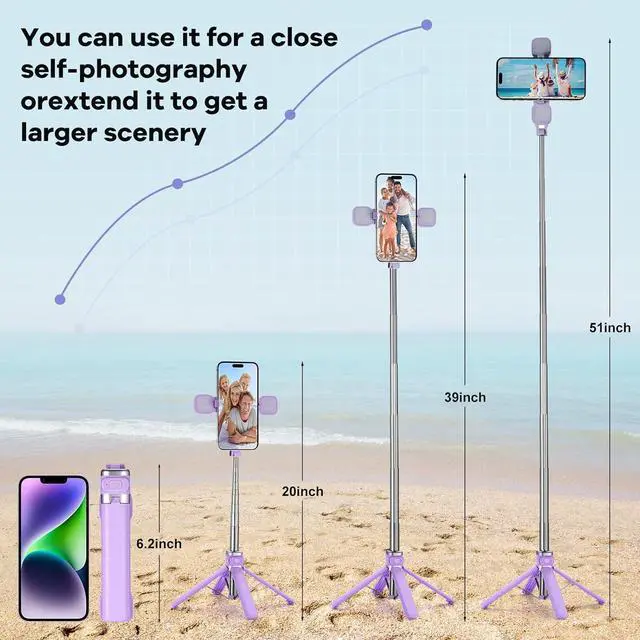 Alt view image 5 of 7 - MQOUNY Mini iPhone Tripod Stand & Selfie Stick with Wireless Remote & Removable Light, Extendable Stand 360 Rotation Compatible with iPhone & Android Samsung (Purple)
