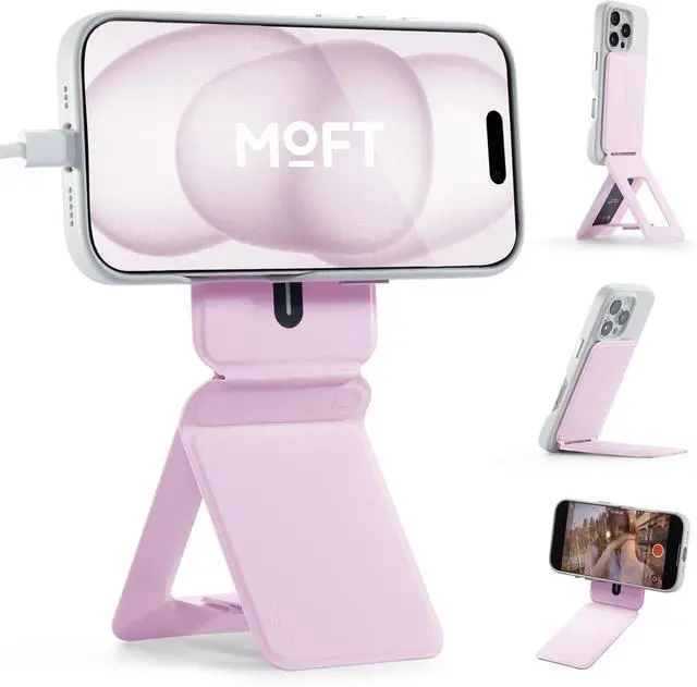 Main image of MOFT Phone Tripod Stand Selfie Stick for iPhone, Multi-Angles iPhone Stand, Lightweight & Portable Phone Holder, Strong Magnets, MOVAS Vegan Leather, Travel Essentials, Blush(Without Card Slot)