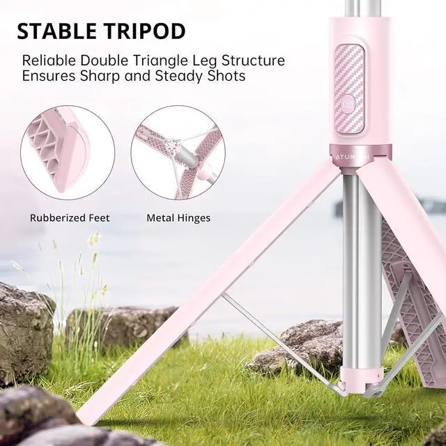 Alt view image 2 of 7 - ATUMTEK 55" Selfie Stick Tripod, All-in-one Extendable Aluminum Phone Tripod with Rechargeable Bluetooth Remote for iPhone, Samsung, Google, LG, Sony and More, Fitting 4.7-7 inch Smartphones, Pink
