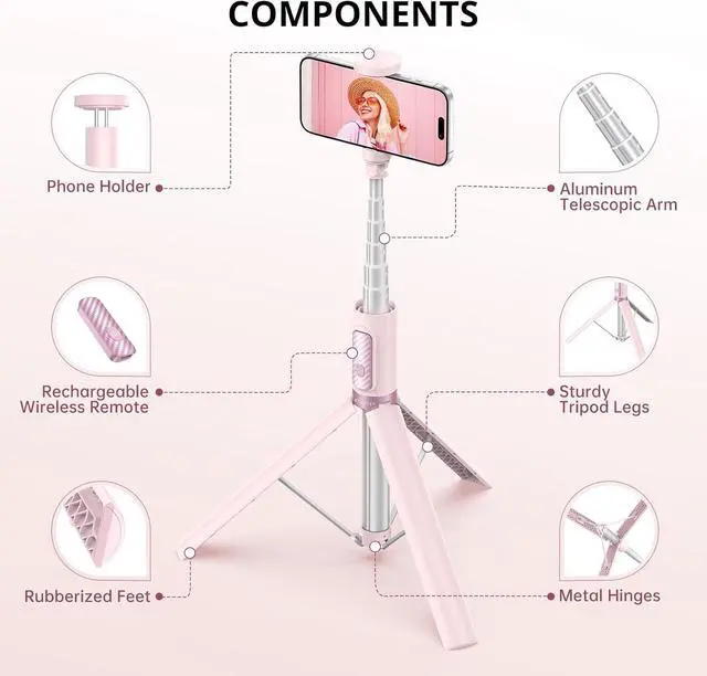 Alt view image 6 of 7 - ATUMTEK 55" Selfie Stick Tripod, All-in-one Extendable Aluminum Phone Tripod with Rechargeable Bluetooth Remote for iPhone, Samsung, Google, LG, Sony and More, Fitting 4.7-7 inch Smartphones, Pink