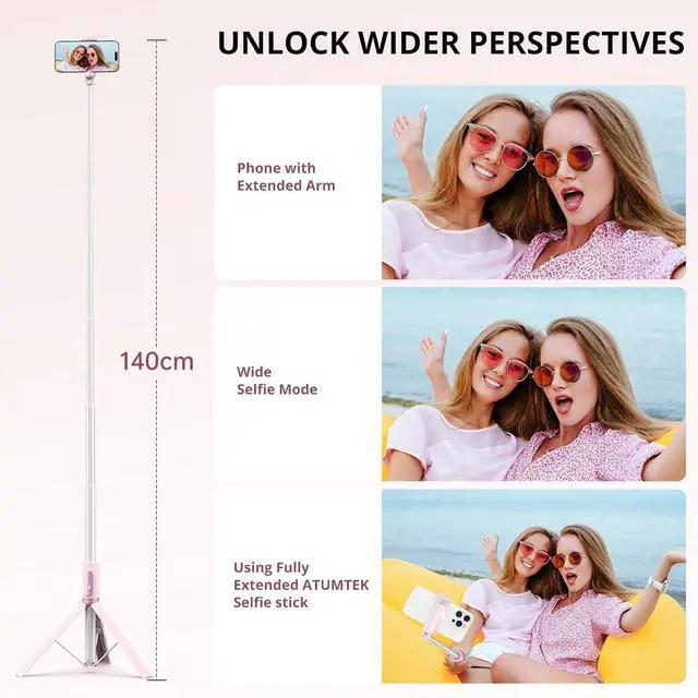 Alt view image 5 of 7 - ATUMTEK 55" Selfie Stick Tripod, All-in-one Extendable Aluminum Phone Tripod with Rechargeable Bluetooth Remote for iPhone, Samsung, Google, LG, Sony and More, Fitting 4.7-7 inch Smartphones, Pink