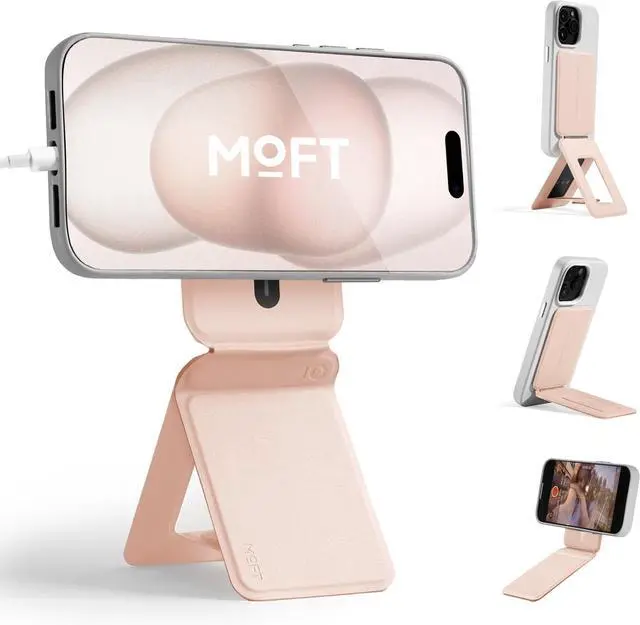 Main image of MOFT Phone Tripod Stand Selfie Stick for iPhone, Multi-Angles iPhone Stand, Lightweight & Portable Phone Holder, Strong Magnets, MOVAS Vegan Leather, Travel Essentials, Peach Pink (Without Card Slot)