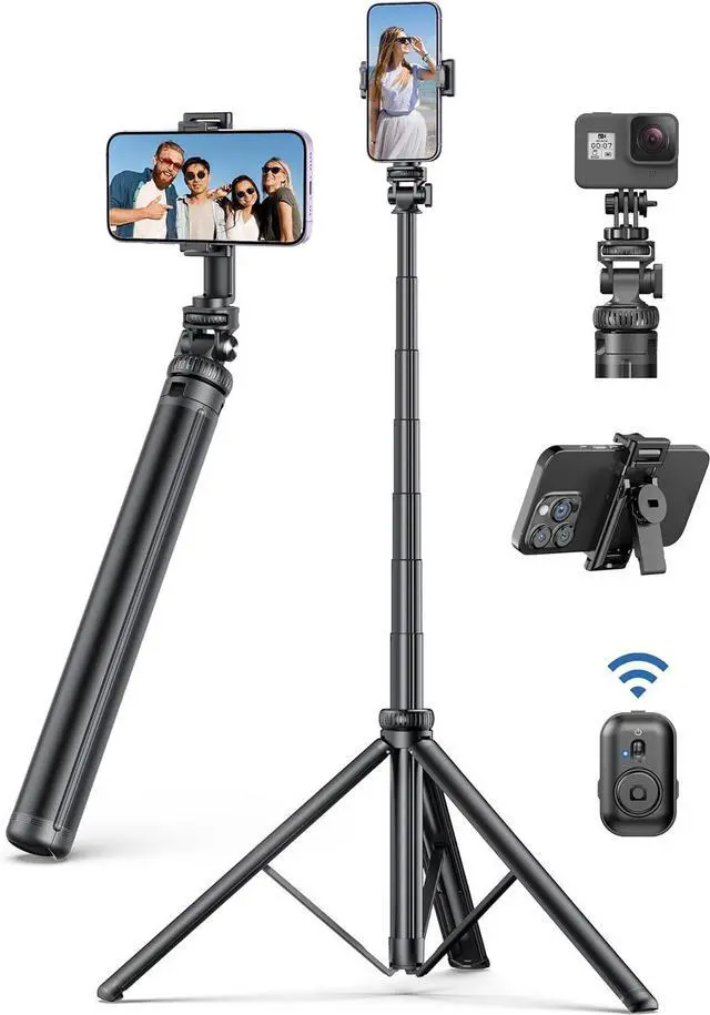 Main image of 75" Phone Tripod, Selfie Stick with Remote and Phone Holder, Extendable Tripod for iPhone, Aluminum Cellphone TripodStand 360° Rotation Travel Tripods Compatible with iPhone Android, GoPro