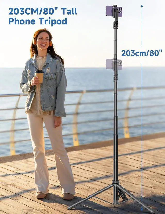 Alt view image 3 of 7 - 75" Phone Tripod, Selfie Stick with Remote and Phone Holder, Extendable Tripod for iPhone, Aluminum Cellphone TripodStand 360° Rotation Travel Tripods Compatible with iPhone Android, GoPro