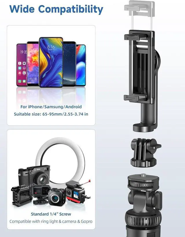 Alt view image 5 of 7 - 75" Phone Tripod, Selfie Stick with Remote and Phone Holder, Extendable Tripod for iPhone, Aluminum Cellphone TripodStand 360° Rotation Travel Tripods Compatible with iPhone Android, GoPro