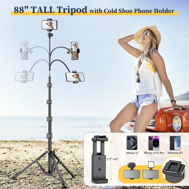 Alt view image 3 of 7 - Flexible Tripod for iPhone, 88" Tall Cellphone Tripod with Gooseneck, Phone Holder and Wireless Remote, Camera Phone Stand for Recording Filming, Compatible with iPhone/Android