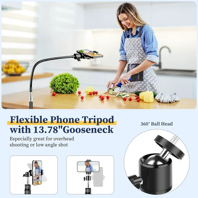 Alt view image 5 of 7 - Flexible Tripod for iPhone, 88" Tall Cellphone Tripod with Gooseneck, Phone Holder and Wireless Remote, Camera Phone Stand for Recording Filming, Compatible with iPhone/Android