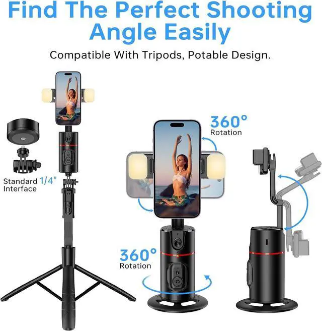Alt view image 3 of 7 - Auto Face Tracking Tripod 360° Rotation Phone Stand, No App, Face Body Phone Camera Stand with Remote and Gesture Control, Rechargeable Smart Shooting Stand with Light (Regular Edition)