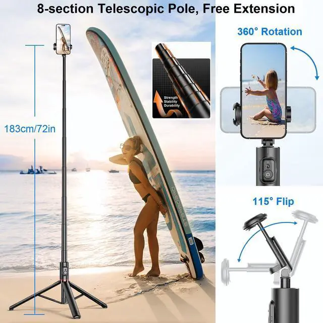 Alt view image 3 of 6 - 72" Phone Tripod & Selfie Stick - Tripod for iPhone Cell Phone Tripod Stand Holder w Cold Shoe Mount, Portable Travel Tripods for iPhone 16 15 14 13 Pro Max Android Video Recording Vlog