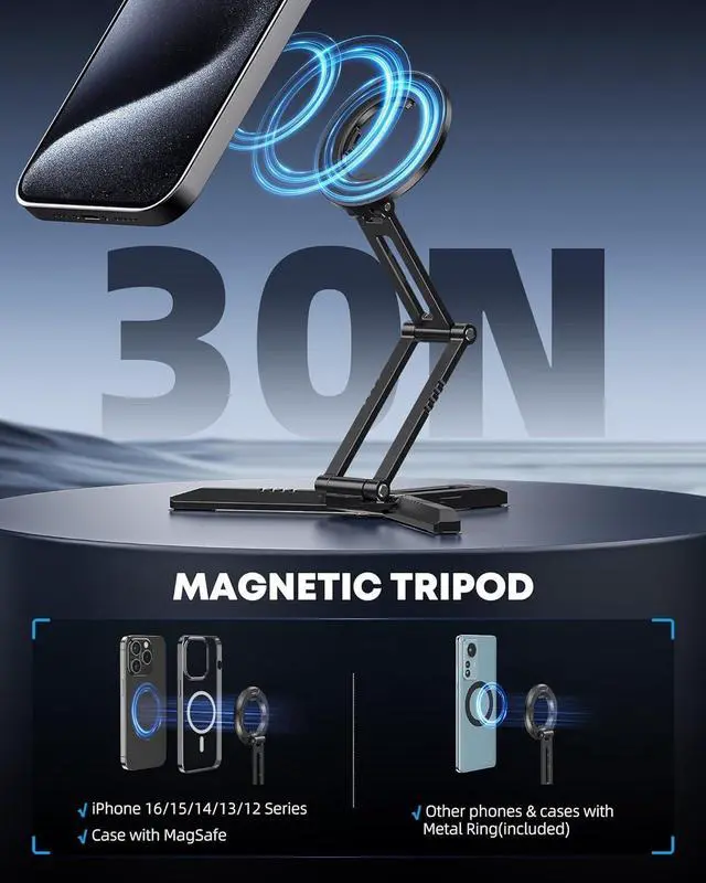 Alt view image 3 of 7 - Magnetic Pocket Phone Tripod Foldable Compatible with Magsafe for iPhone 16/15/14/13/12 Plus Pro Max Series, MG03 PRO Aluminium Smartphone Mini Tripod Cell Phone Stand Magnet Quick Mount